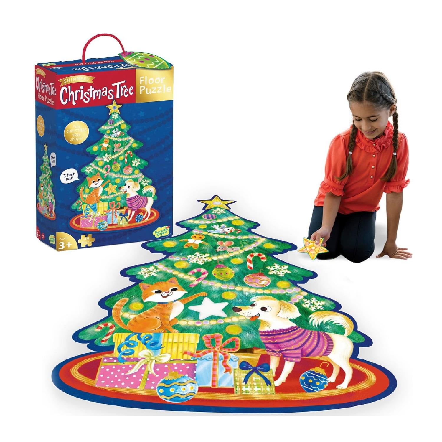 Montessori Peaceable Kingdom Shimmery Christmas Tree Floor Puzzle
