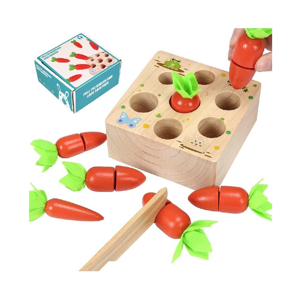 Montessori Bophy Kitchen Play Carrot Cutting Harvest Wooden Shape Size Sorting Toy