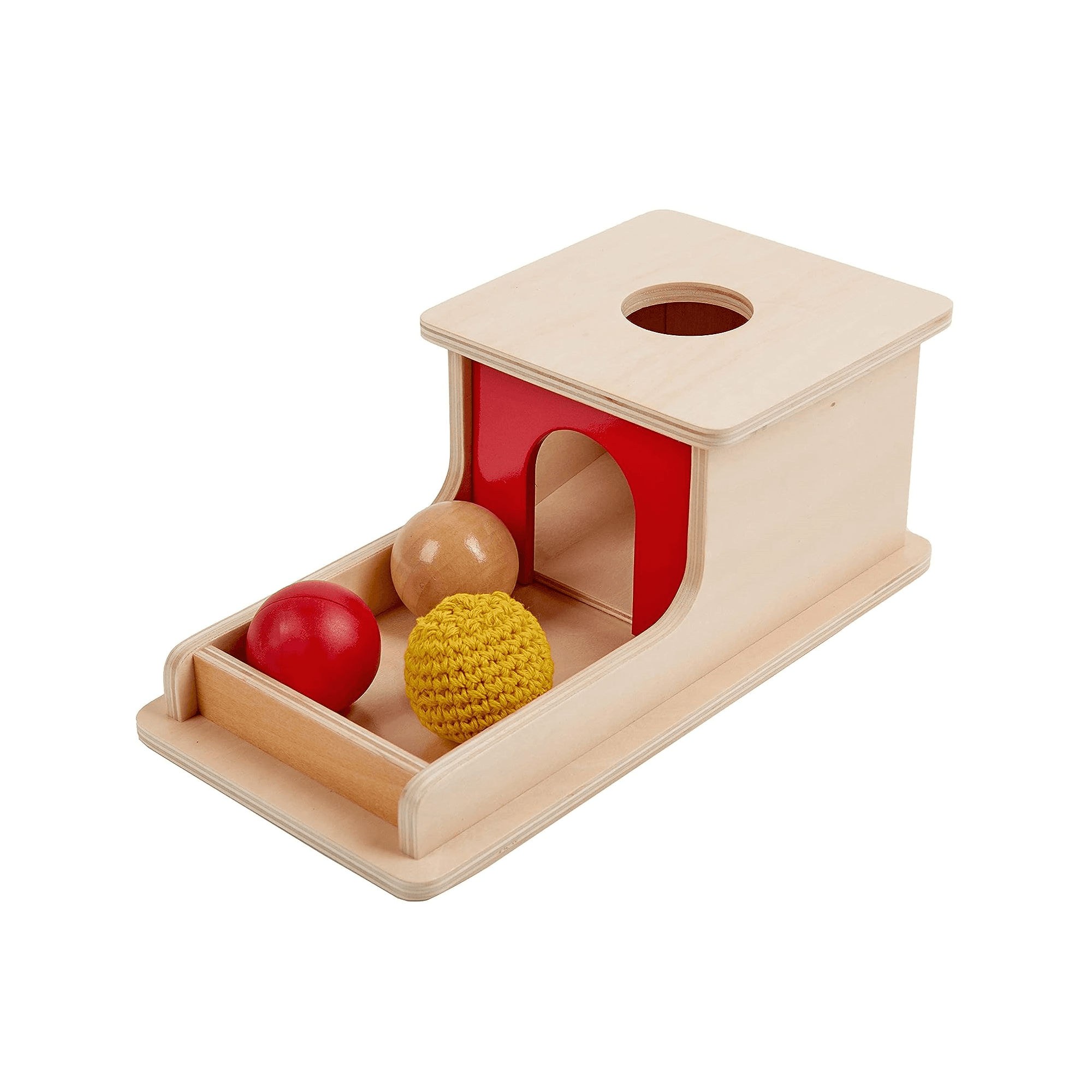 Montessori Adena Montessori Full Size Object Permanence Box With Tray Three Balls (Wood, Plastic, Knitted)