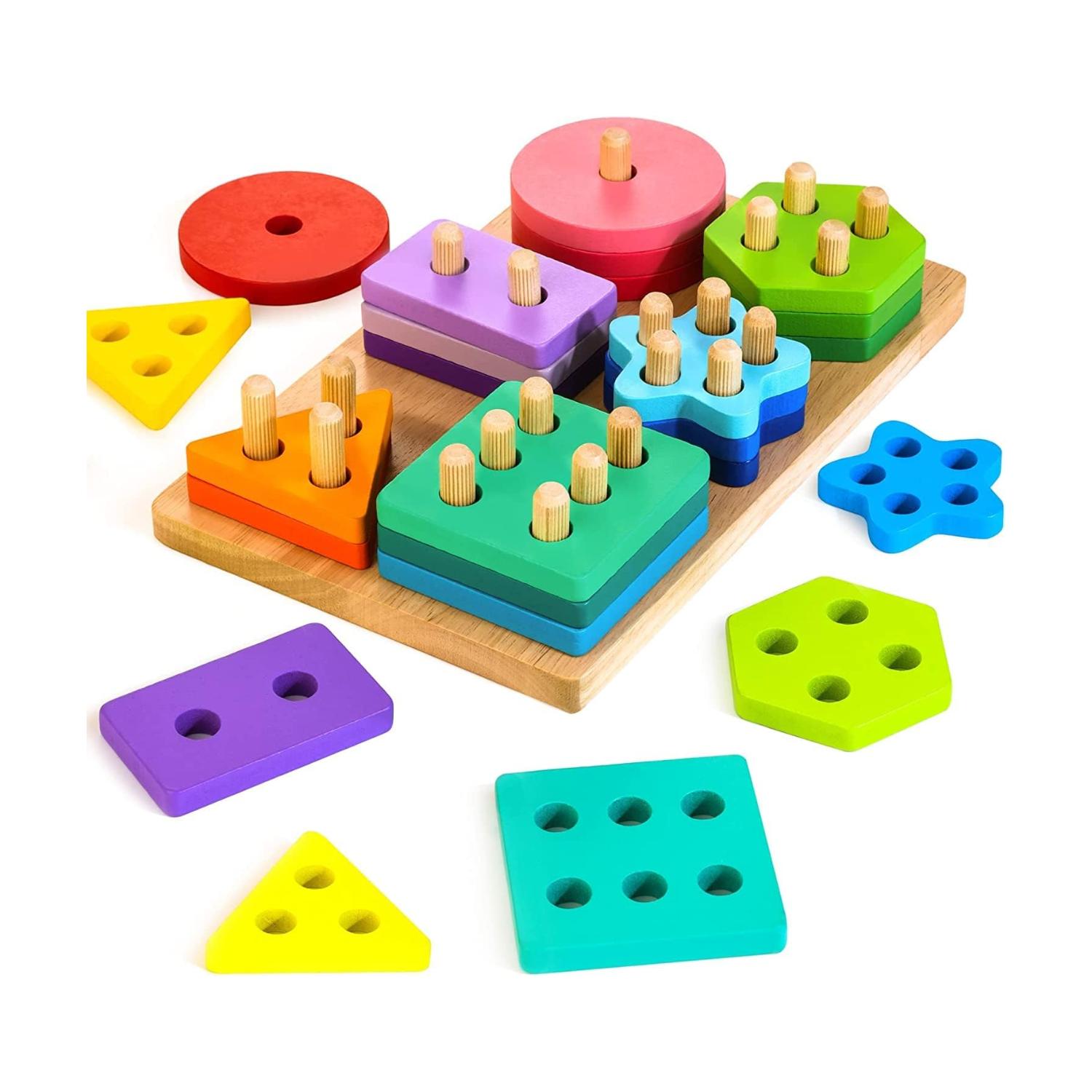 Montessori HELLOWOOD Geometric Blocks Wooden Stacker Rainbow