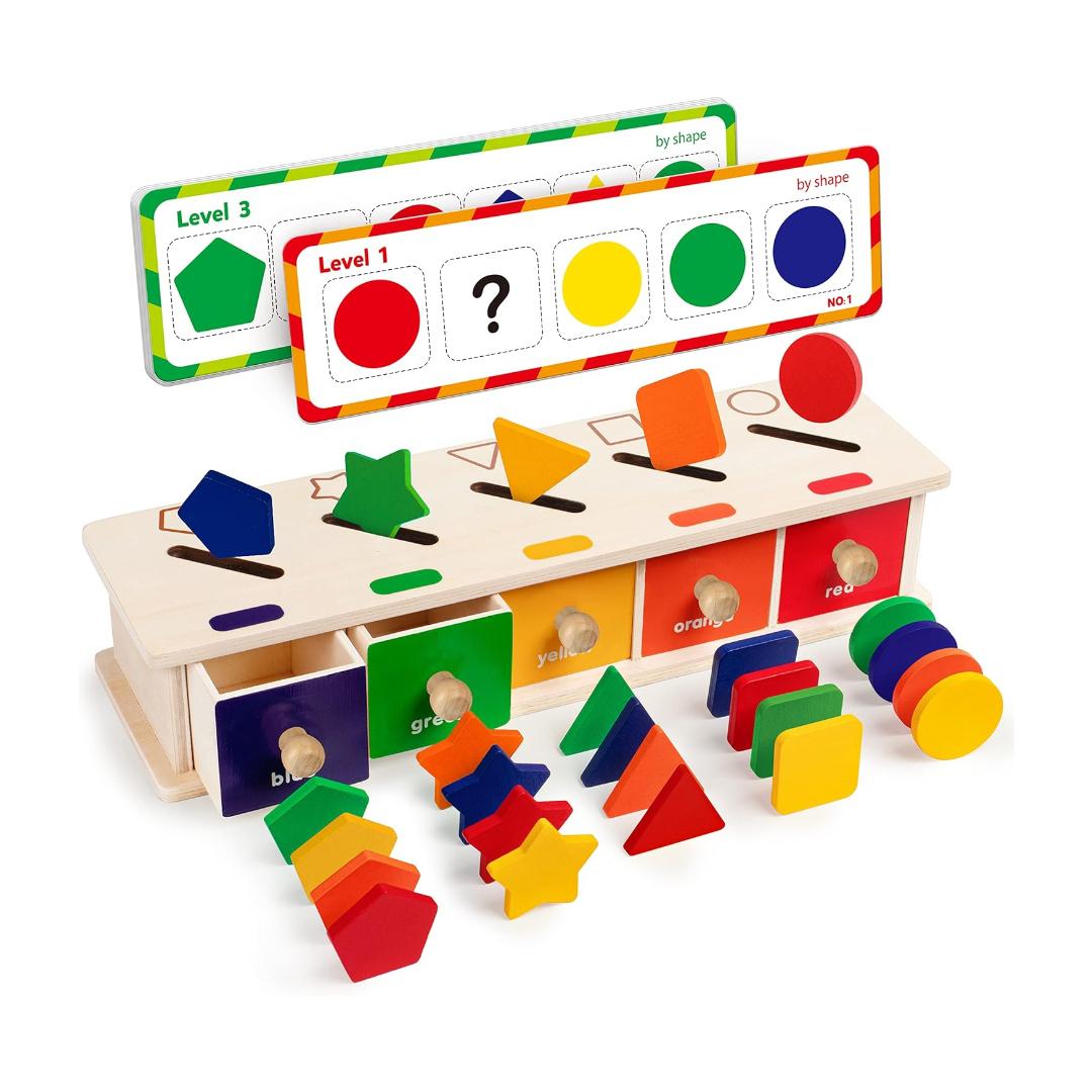 Montessori Coogam Wooden Matching Blocks Color and Shape Sorting Box