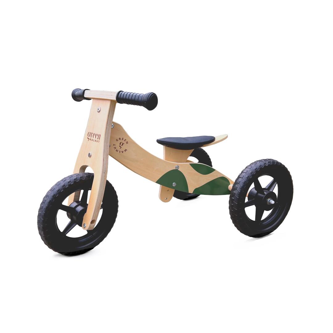 Montessori Green Walnut Convertible Wooden Balance Bike Trike 2-in-1