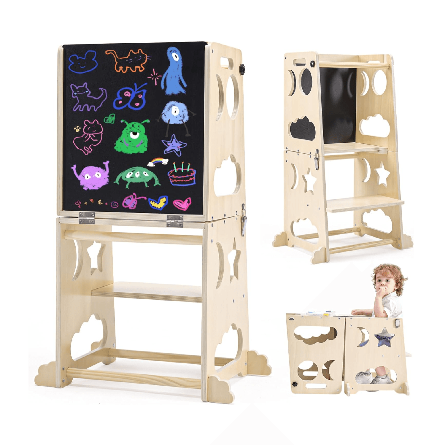 Montessori Yojoker 4-in-1 Convertible Learning Tower With Chalkboard & Safety Rail Natural