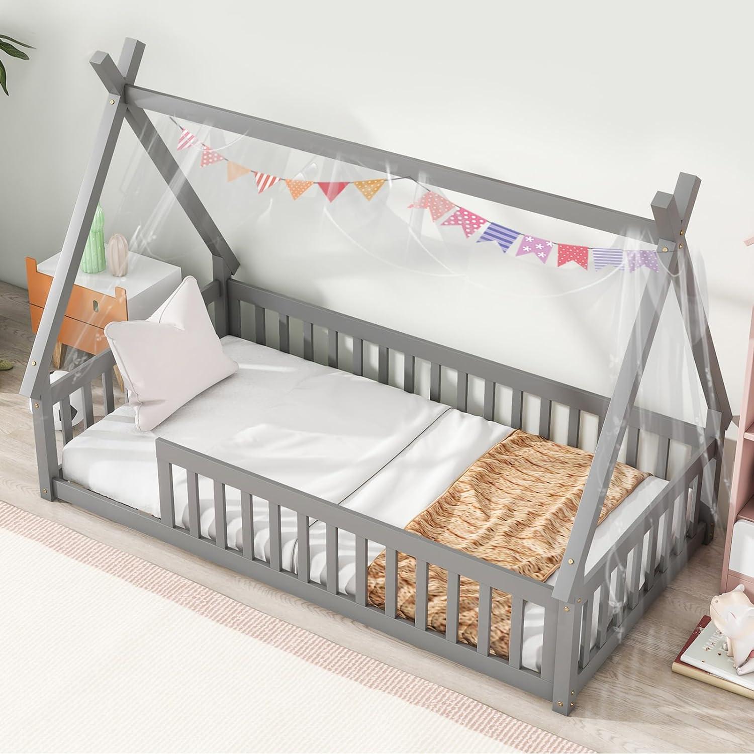 Montessori Tatub Twin Teepe Floor Bed Frame With Railings Without Door Gray