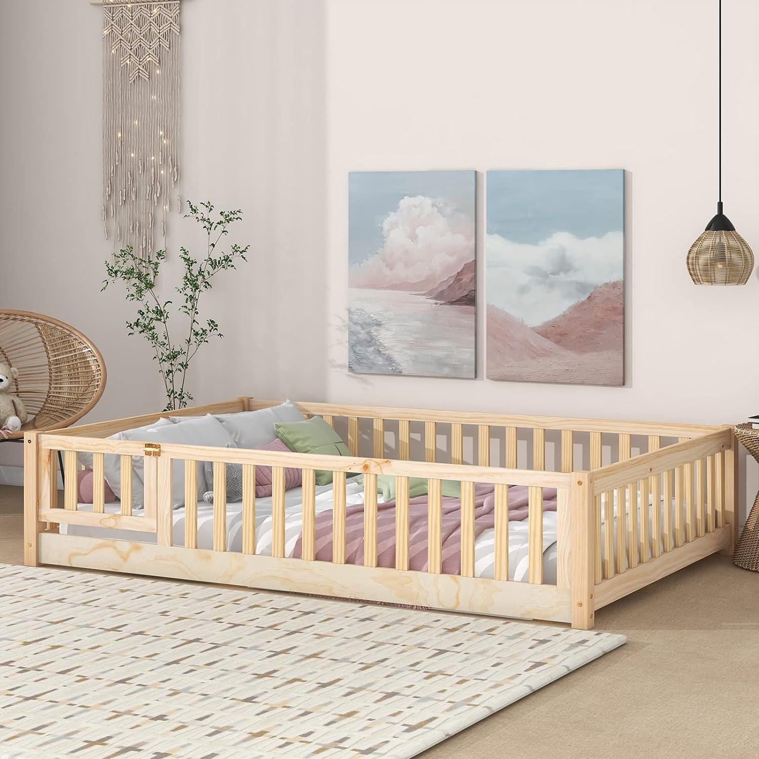 Montessori Tatub Full Floor Bed With Safety Guardrails and Slats Natural