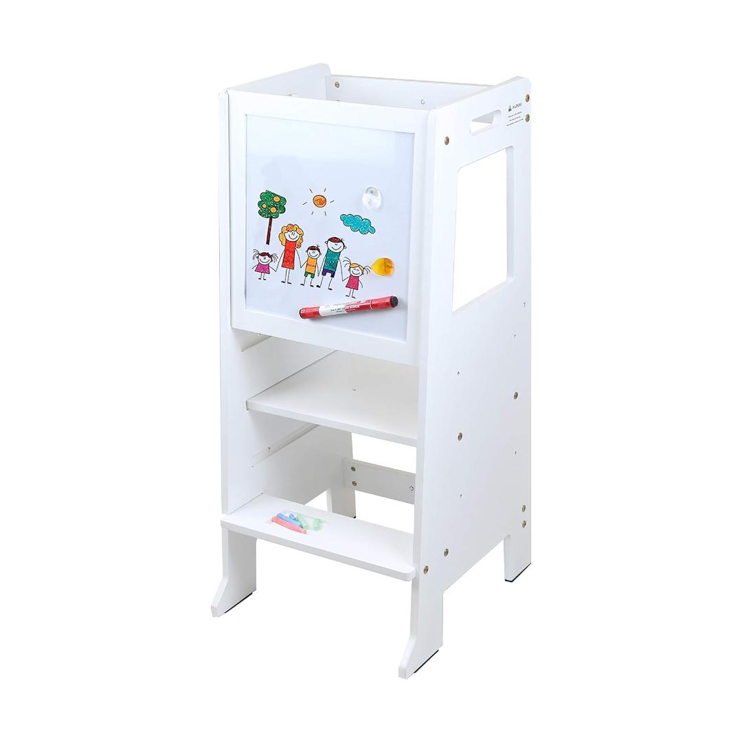 Montessori Clevr Kids Kitchen Step Stool With Black and White Magnetic Activity Board White
