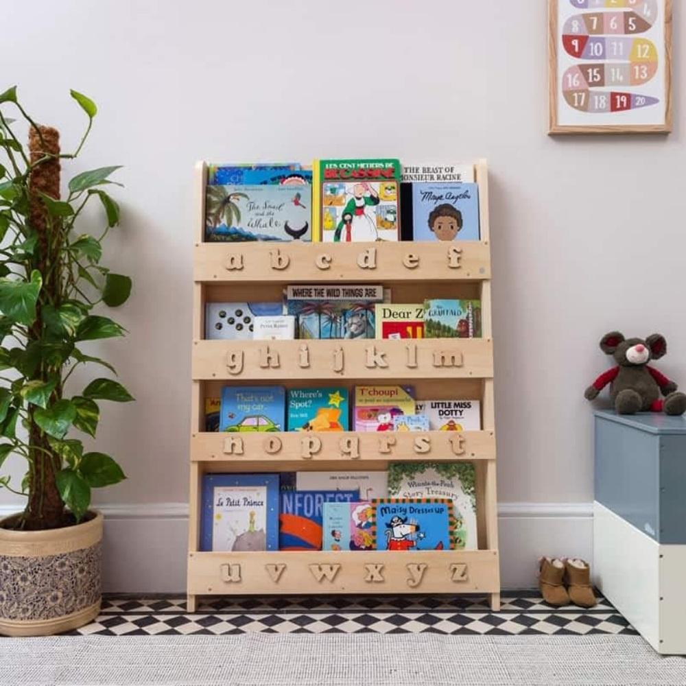 Montessori Tidy Books Wooden ABC Bookshelf Natural With Natural Alphabet