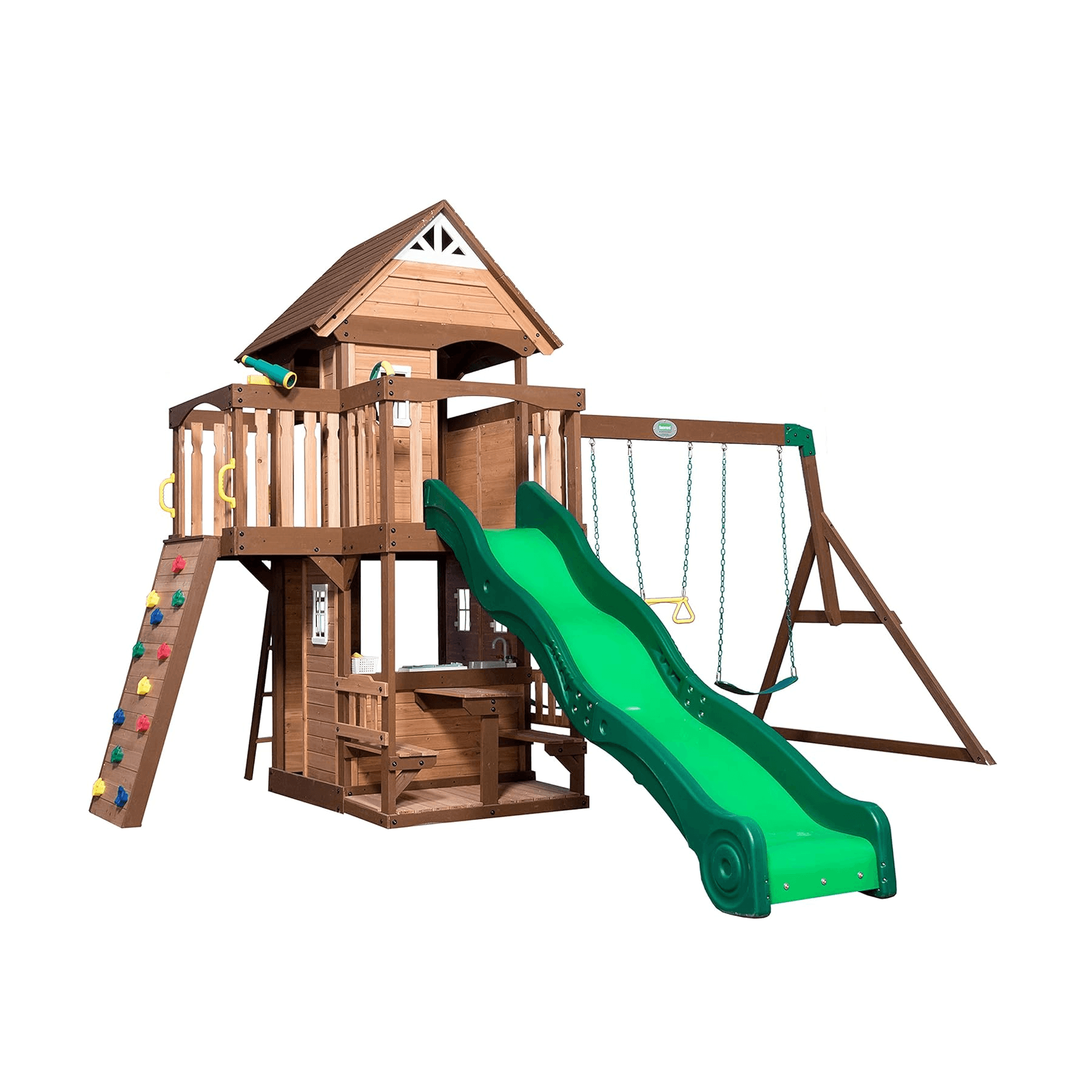 Montessori Backyard Discovery Swing Set With Playhouse Mount Triumph