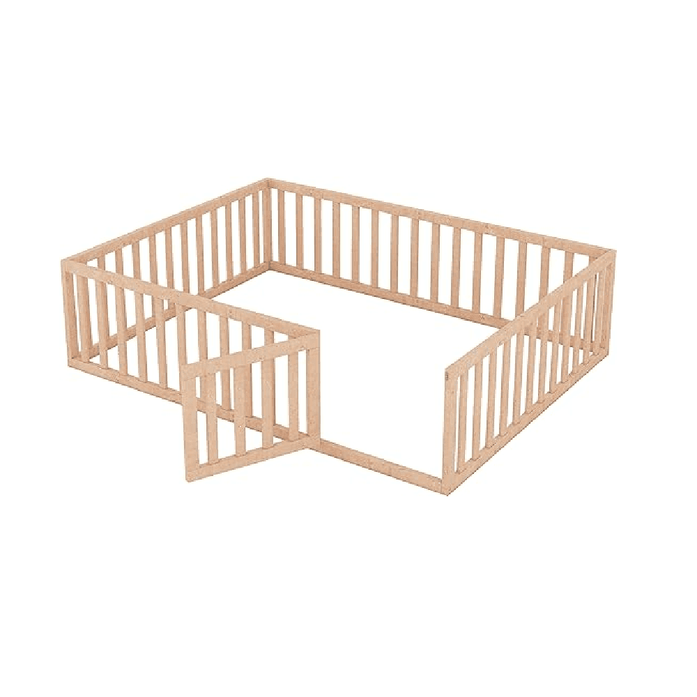 Montessori Bellemave Queen Size Floor Bed Frame With Fence Railings and Door Natural