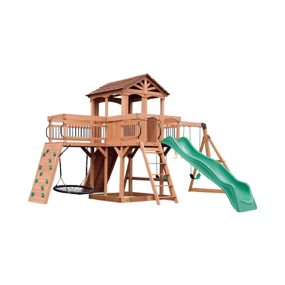 Montessori Backyard Discovery Sterling Point All Cedar Wooden Swing Set With Raised Clubhouse