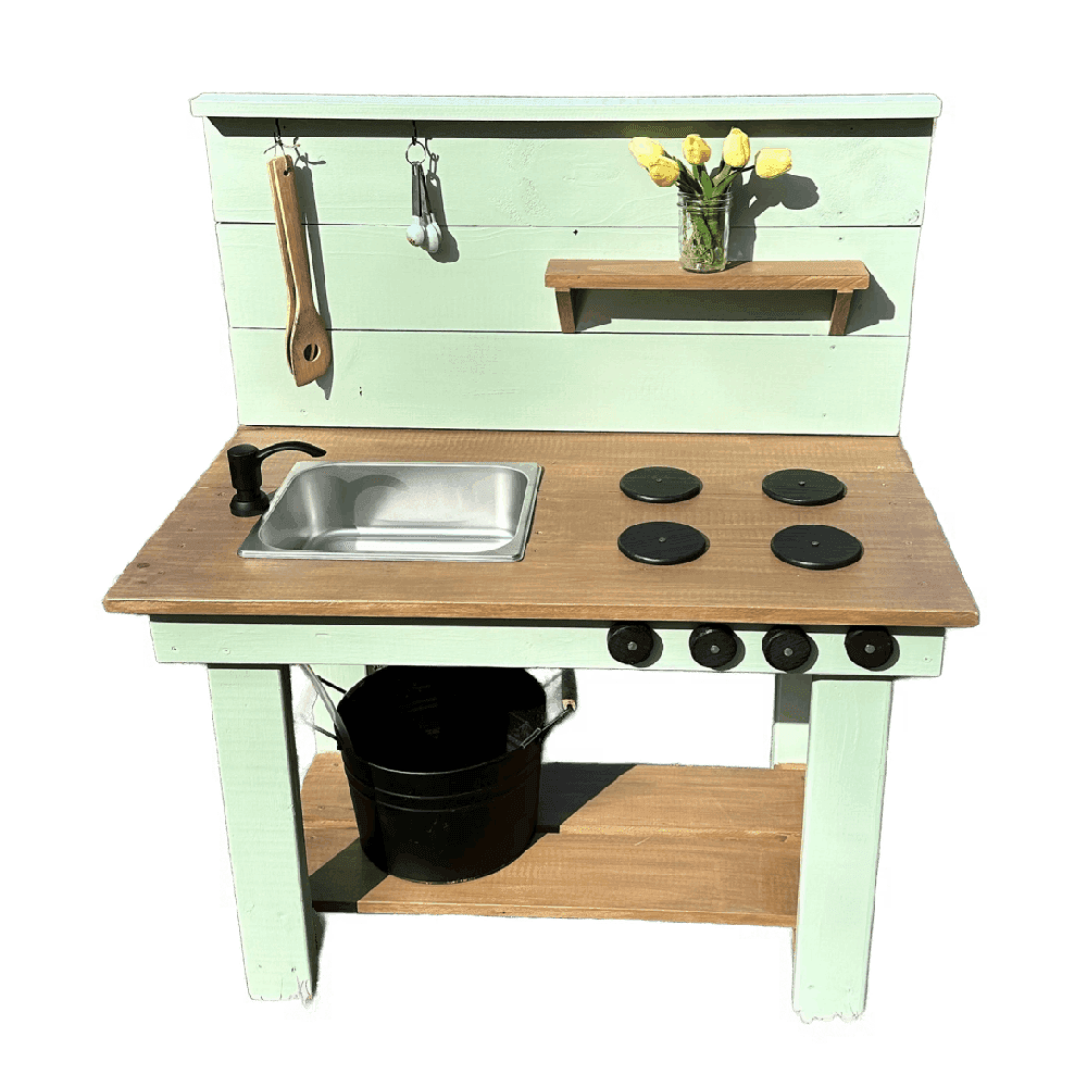 Montessori Lucky Leaf Design Co Outdoor Wooden Small Play Mud Kitchen for Kids With Black Faucet, Stove Top, and Knobs Sage Green