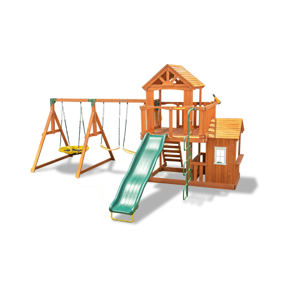 Montessori Sportspower Sandalwood Swing Set With 3 Swings and a Slide