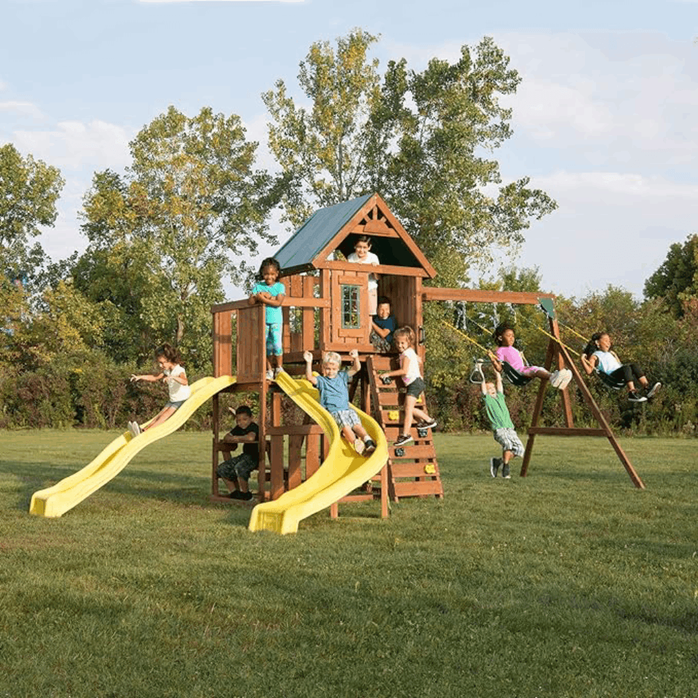 Montessori Swing-N-Slide Wooden Castlebrook Swing Set With Two Slides, Swings, and Climbing Wall