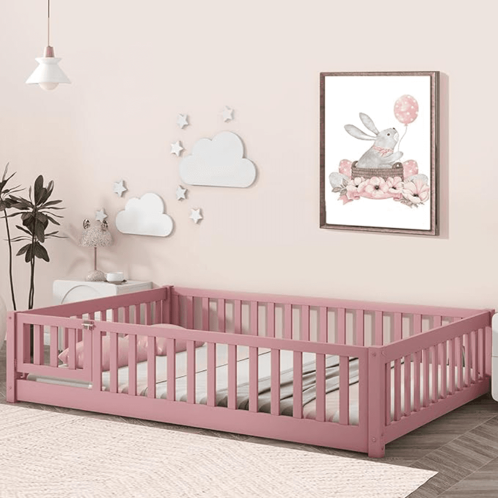 Montessori Tatub Full Size Floor Bed With Safety Guardrails, Slats, and Door Pink