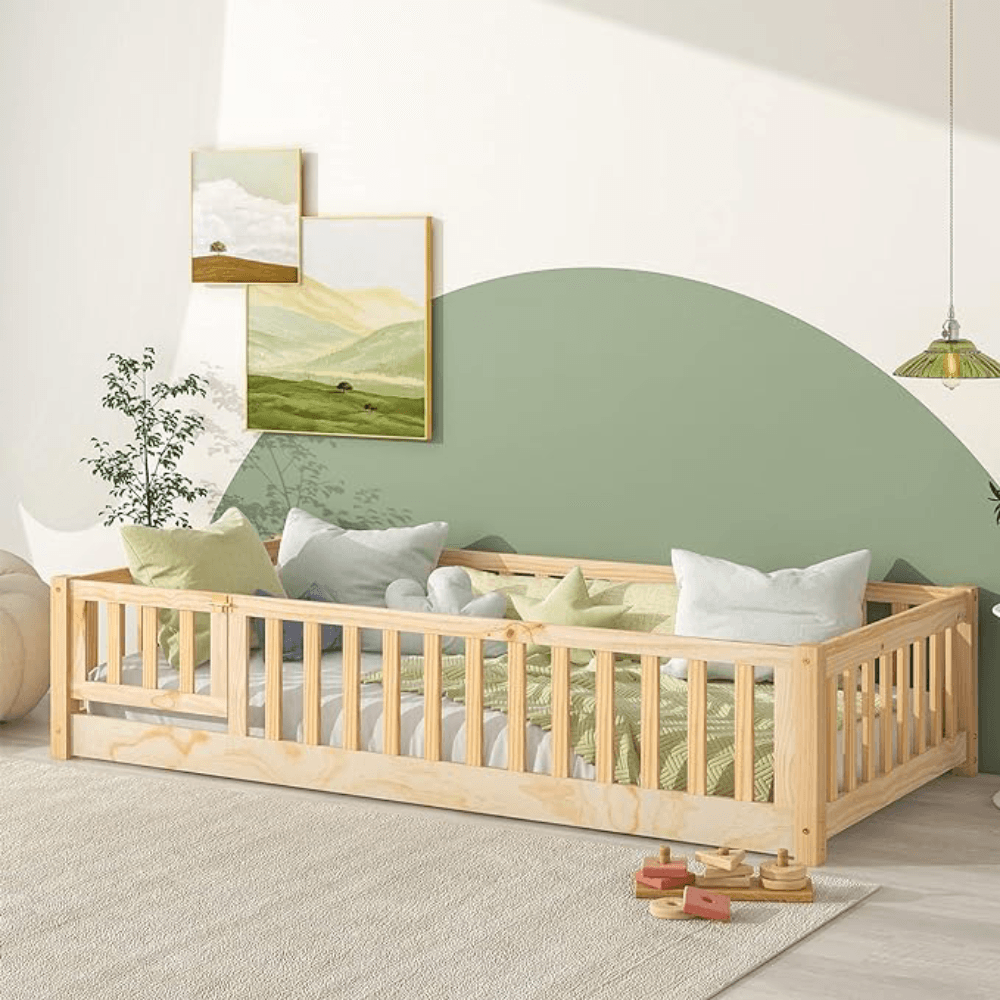 Montessori Tatub Twin Floor Bed With Safety Guardrails, Slats, and Door Nature