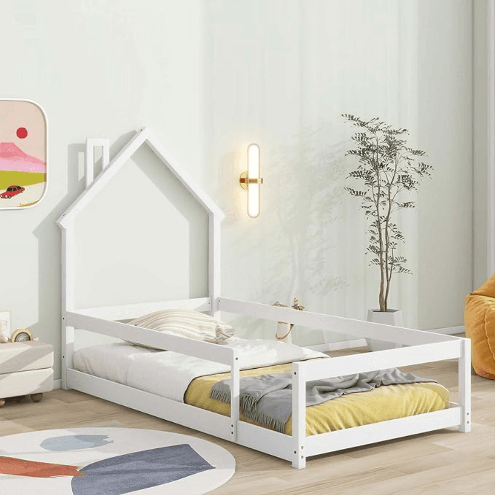 Montessori Tatub Twin Size House-Shaped Floor Bed With Fence White