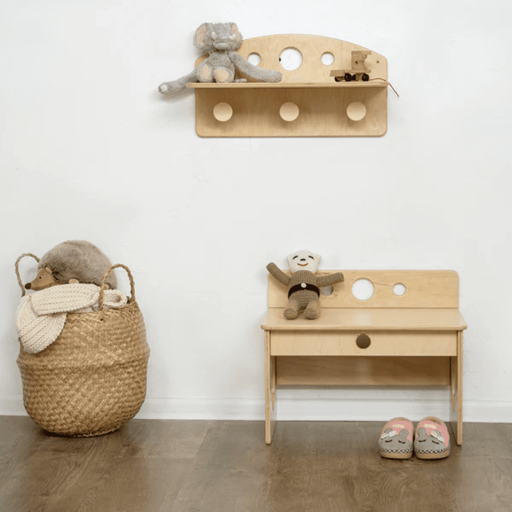 Montessori Wood and Hearts Entryway Shelf And Bench Set Dewdrop Cutouts