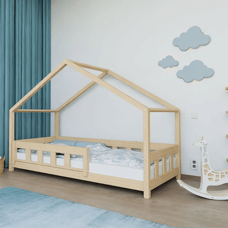 Benlemi House Bed Plotty With Front Panel and Front Safety Rail Unvarnished 90x190 CM