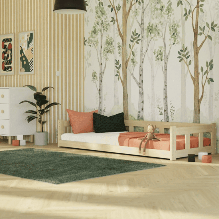 Benlemi Low Single Bed Fence With Sidewall Unvarnished 140x200 CM