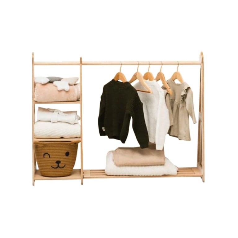 ChildUniverse Wooden Clothing Rack Big With Shelves Natural