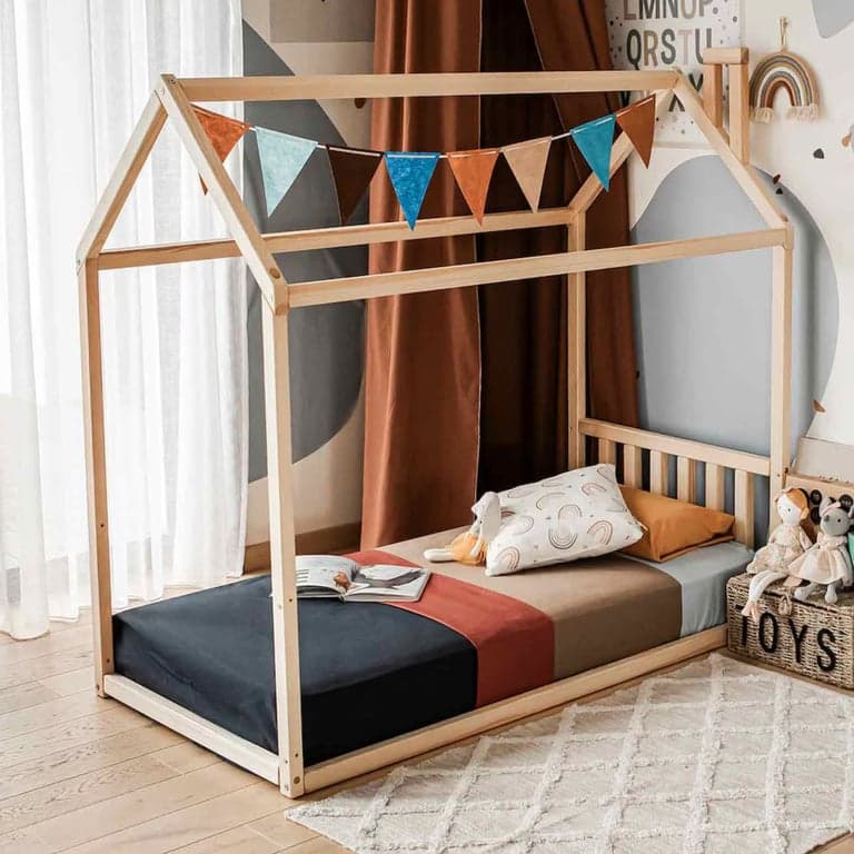 Montessori Sweet Home From Wood House Floor Bed With Headboard Queen Pine Wood