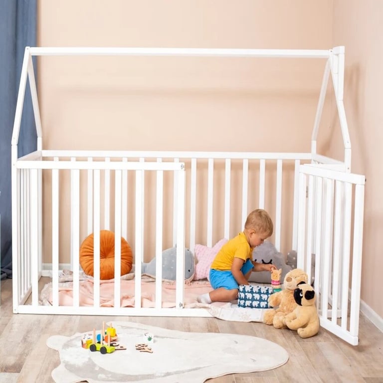 Montessori Busywood House Playpen Bed With High Rails White Double Size