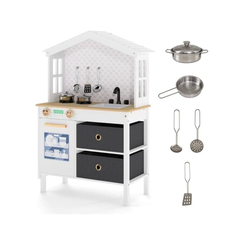Costway Kitchen Play With 2 Stoves and Rotation Knobs White