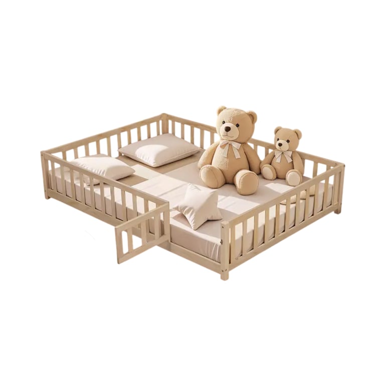 Montessori Bed Bath & Beyond Floor Bed With Fence-Shaped Guardrails, Slats, and Door Natural Full