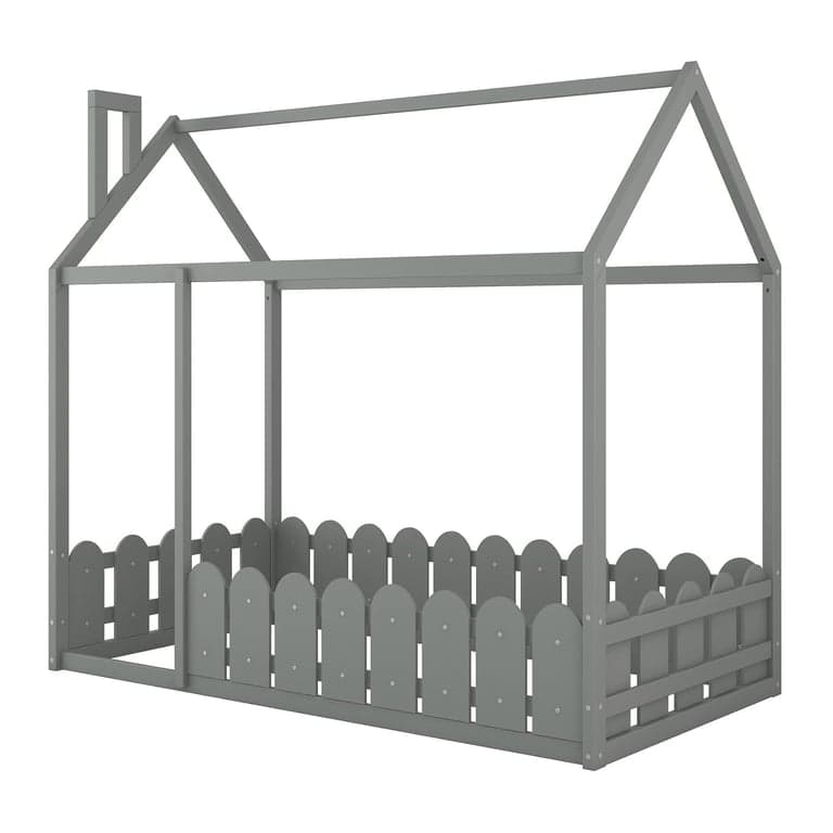 Voohek Single House Floor Bed With Fence Grey