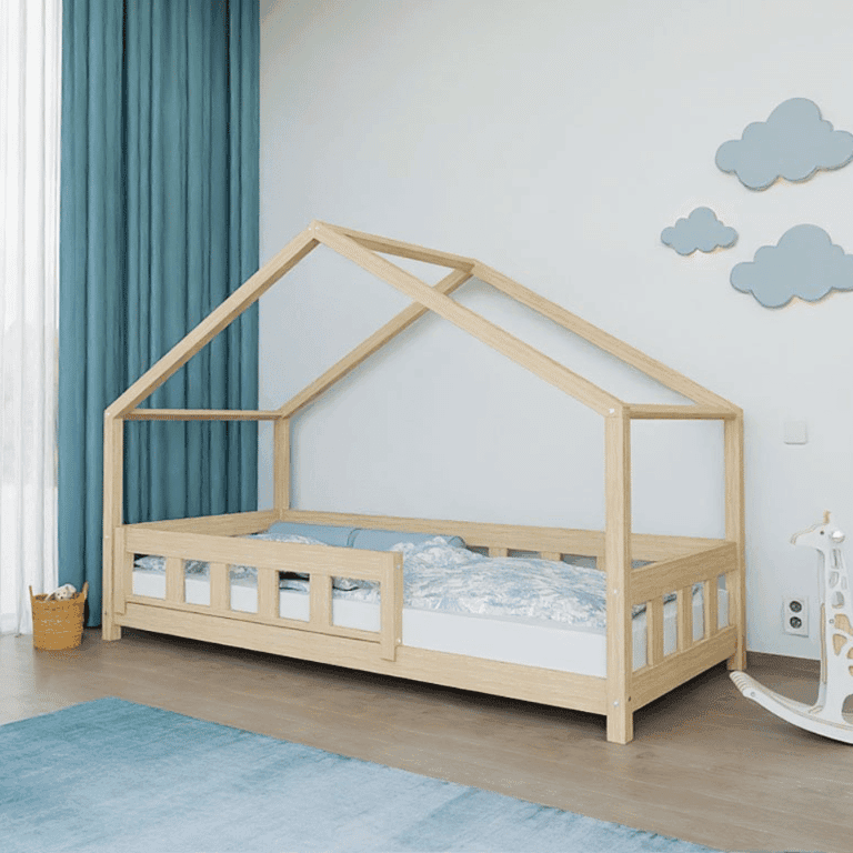Benlemi House Bed Plotty With Front Panel and Front Safety Rail Unvarnished 80x160 CM