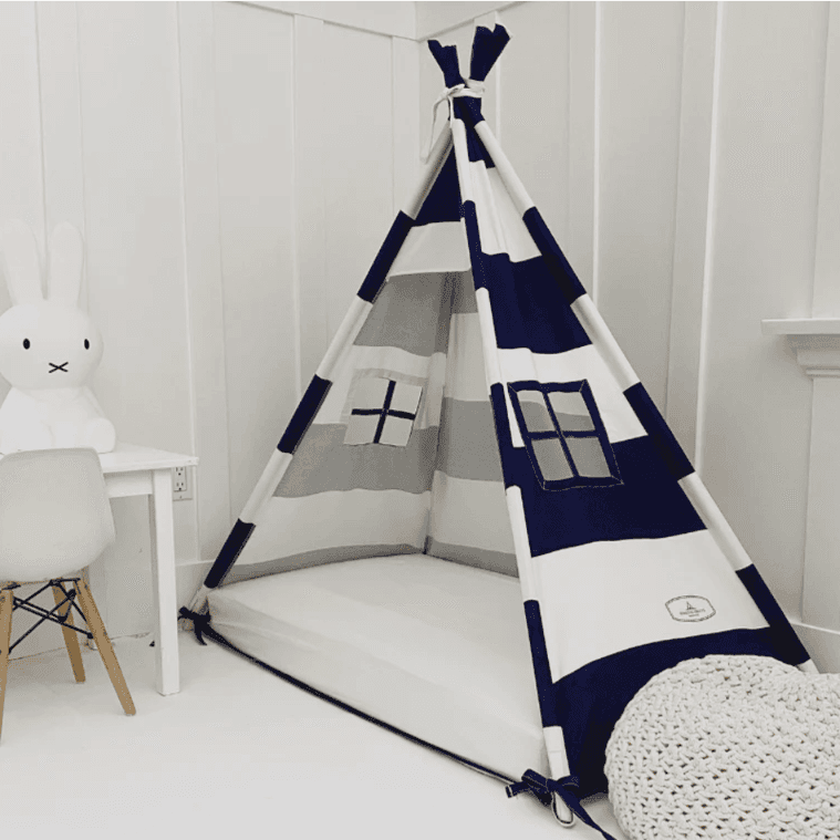 Domestic Objects Play Tent Canopy Bed in Navy Blue and White Stripe Canvas Crib
