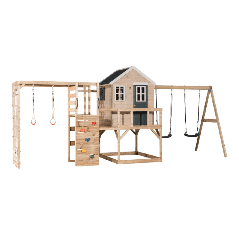 Montessori Wendi Toys My Lodge Swing Set With Platform, Double Swing, and Gym Attachment Gray