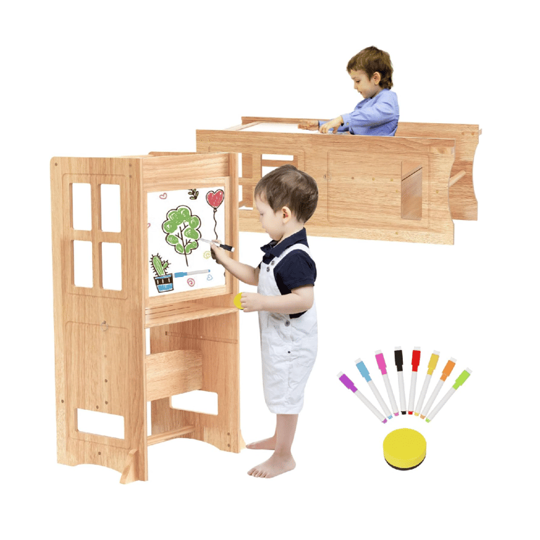 Montessori BueDeHai Adjustable Toddler Tower With Whiteboard Natural