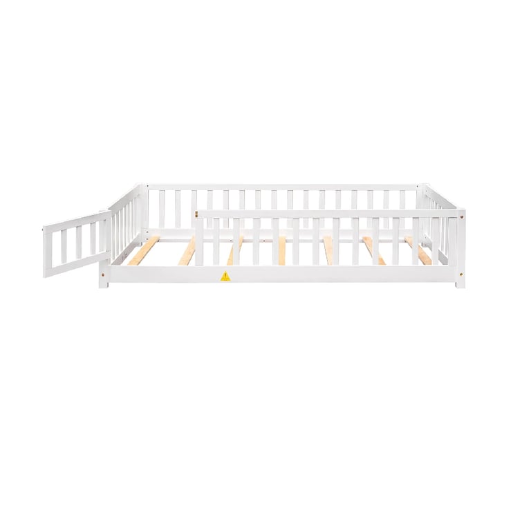 Montessori Meritline Twin Size Floor Bed Frame With Fence Railings, Door, and Slats White