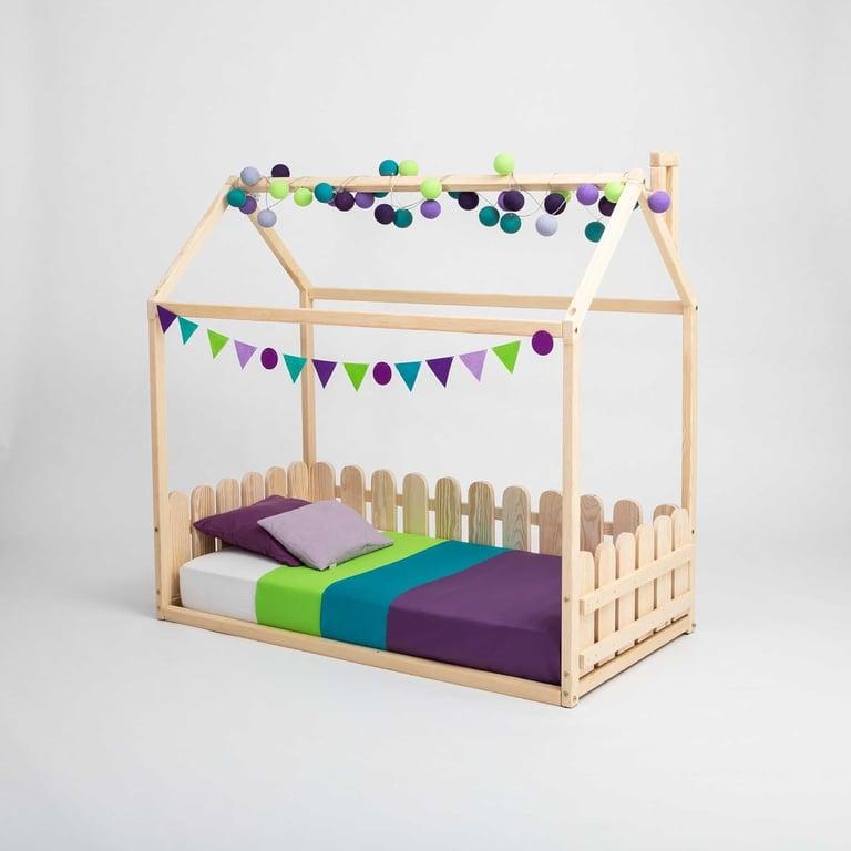 Sweet Home From Wood House-Shaped Floor Bed With Slats Double Non Painted Birch