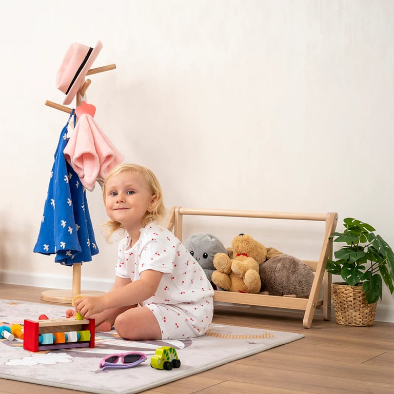 Montessori Wood and Hearts Kids Coat Rack Flower Natural