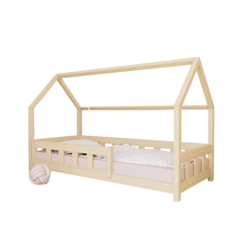 Benlemi House Bed Plotty With Side Panel and Front Safety Rail Unvarnished 140x200 CM