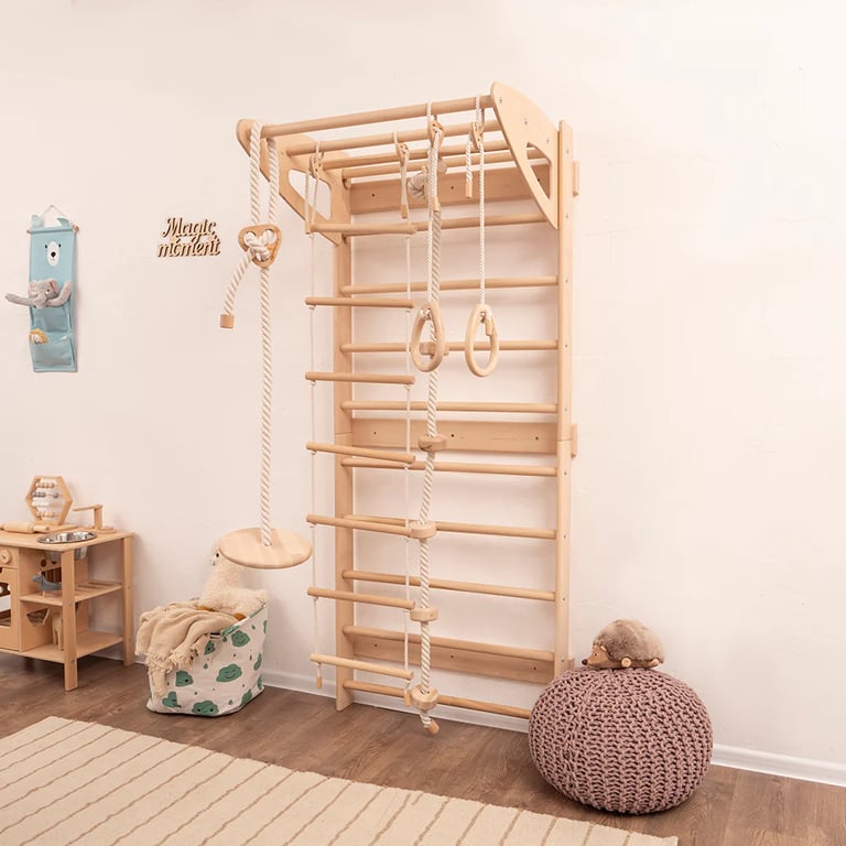 Montessori Wood and Hearts Swedish Wall Two-part With 4 Ropes Access in Natural Wood