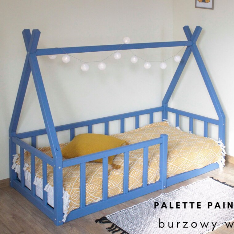 Montessori Holly Molly Wood Floor Bed With Rails Tepee Shape Single Blue