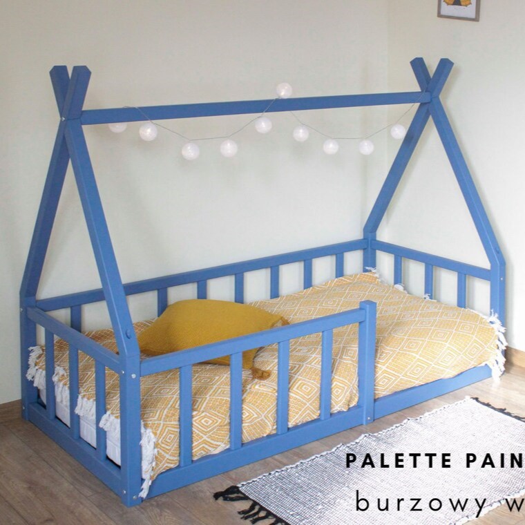 Montessori Holly Molly Wood Floor Bed With Rails Tepee Shape Single Blue