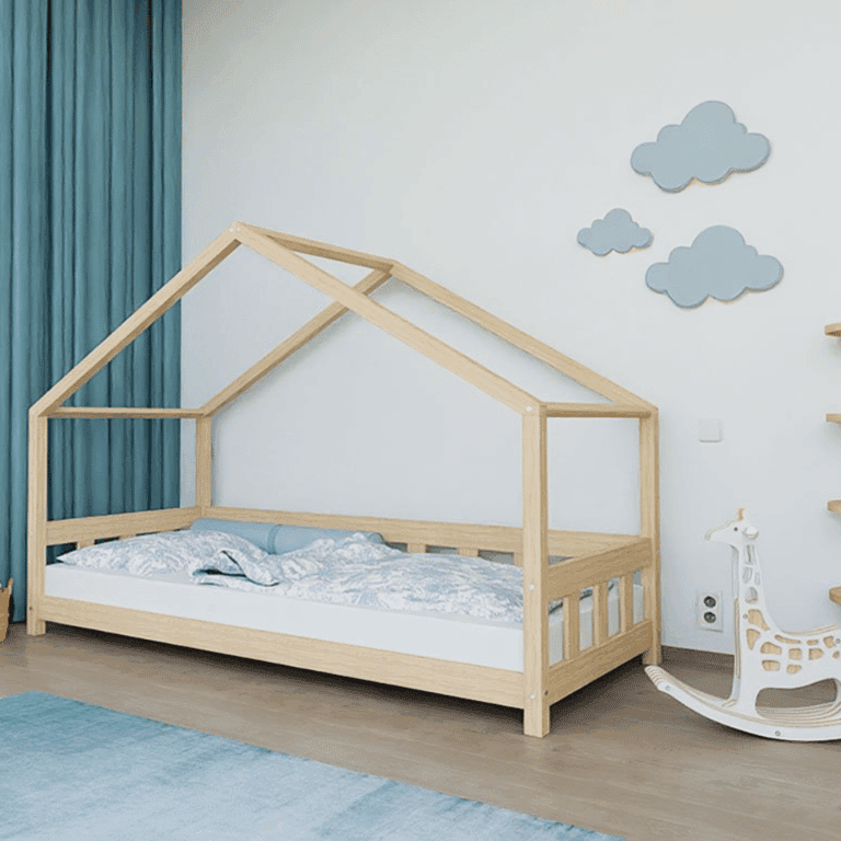 Benlemi House Bed Plotty With Front Panel and Open Entrance Unvarnished 120x200 CM