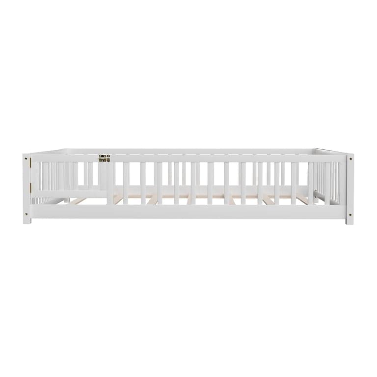 JINS&VICO Double Floor Bed With Slats, Safety Guardrails, and Door White