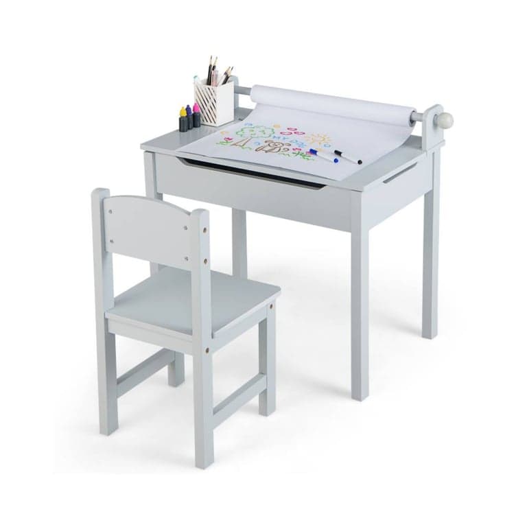Costway Activity Table and Chair Set With Storage and Paper Roll Holder Gray