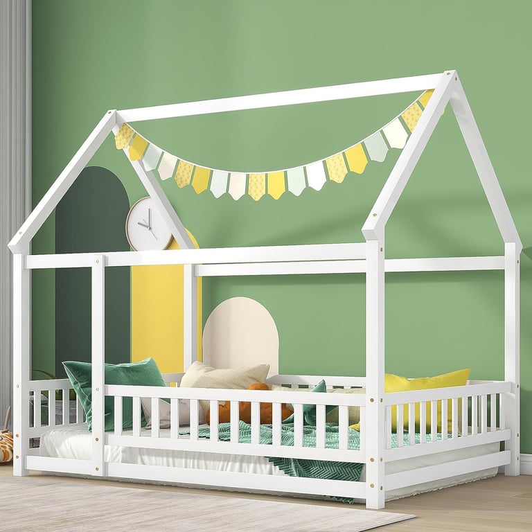 Montessori Tatub Double House Floor Bed With Rails White