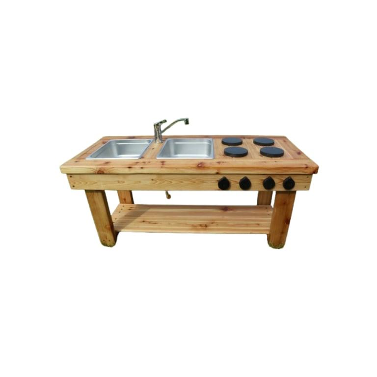 Montessori Noble Wooden Toys Mud Kitchen With Working Sink, Steel Faucet, 1 Drain & Stove