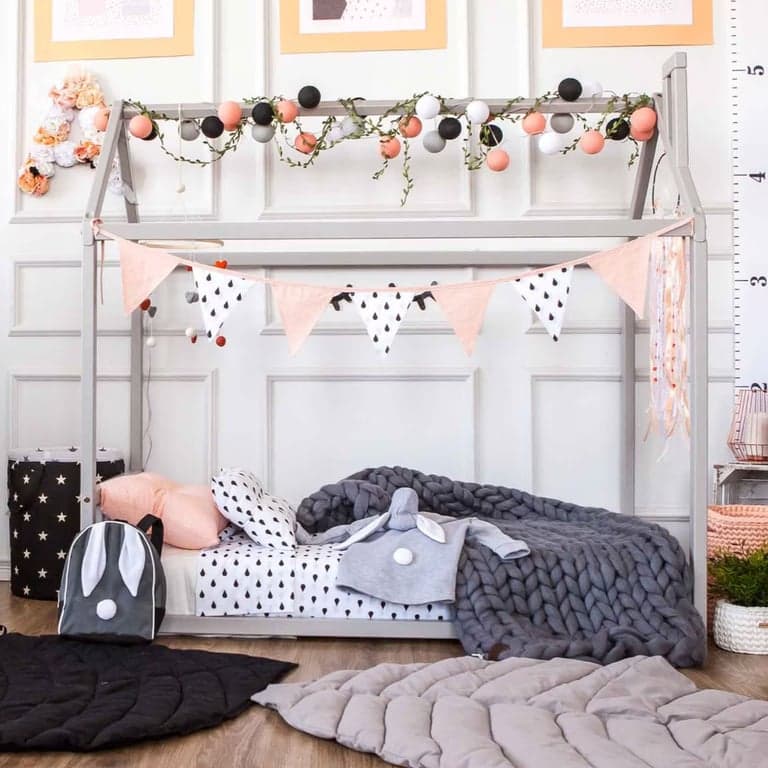 Montessori Sweet Home From Wood House Floor Bed With Headboard Queen Gray