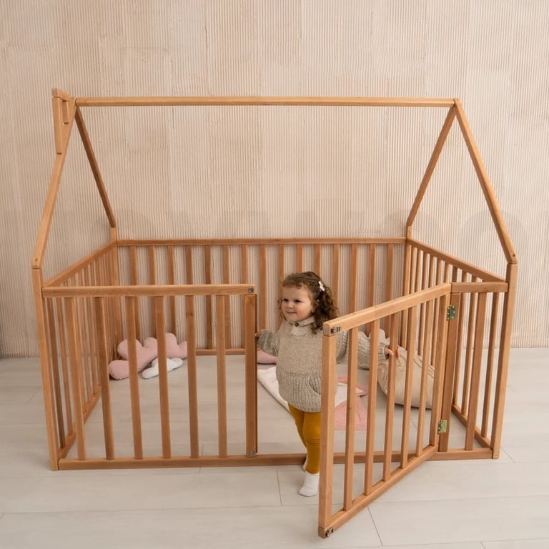 Montessori Busywood House Playpen Bed With High Rails Natural Double Size