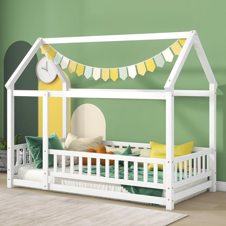 Montessori Tatub Twin House Floor Bed With Rails White