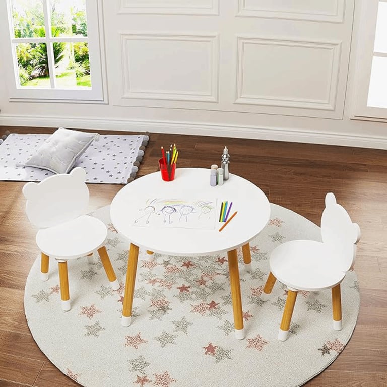 Montessori UTEX Kids Wood Table and Bear Chair Set White