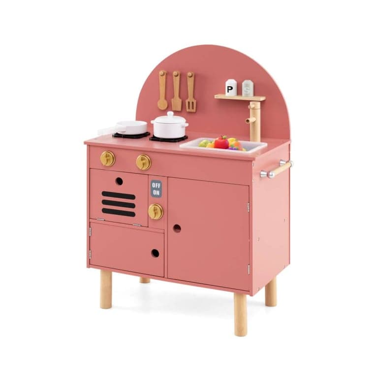 Costway Kitchen Playset With Stoves, Faucet, Sink, Microwave, and Oven Pink